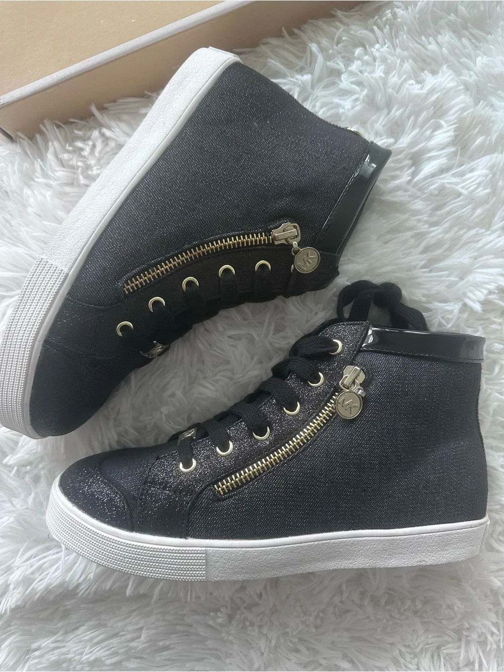 NEW Girls MK Black High-Top Glitter Sneakers with Gold Zip size 4